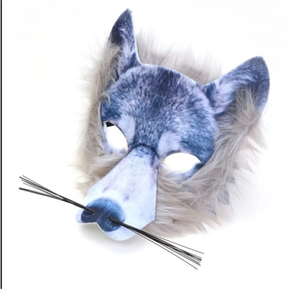 Plush Faux Fur Wolf Mask in Gray-Blue with Whiskers